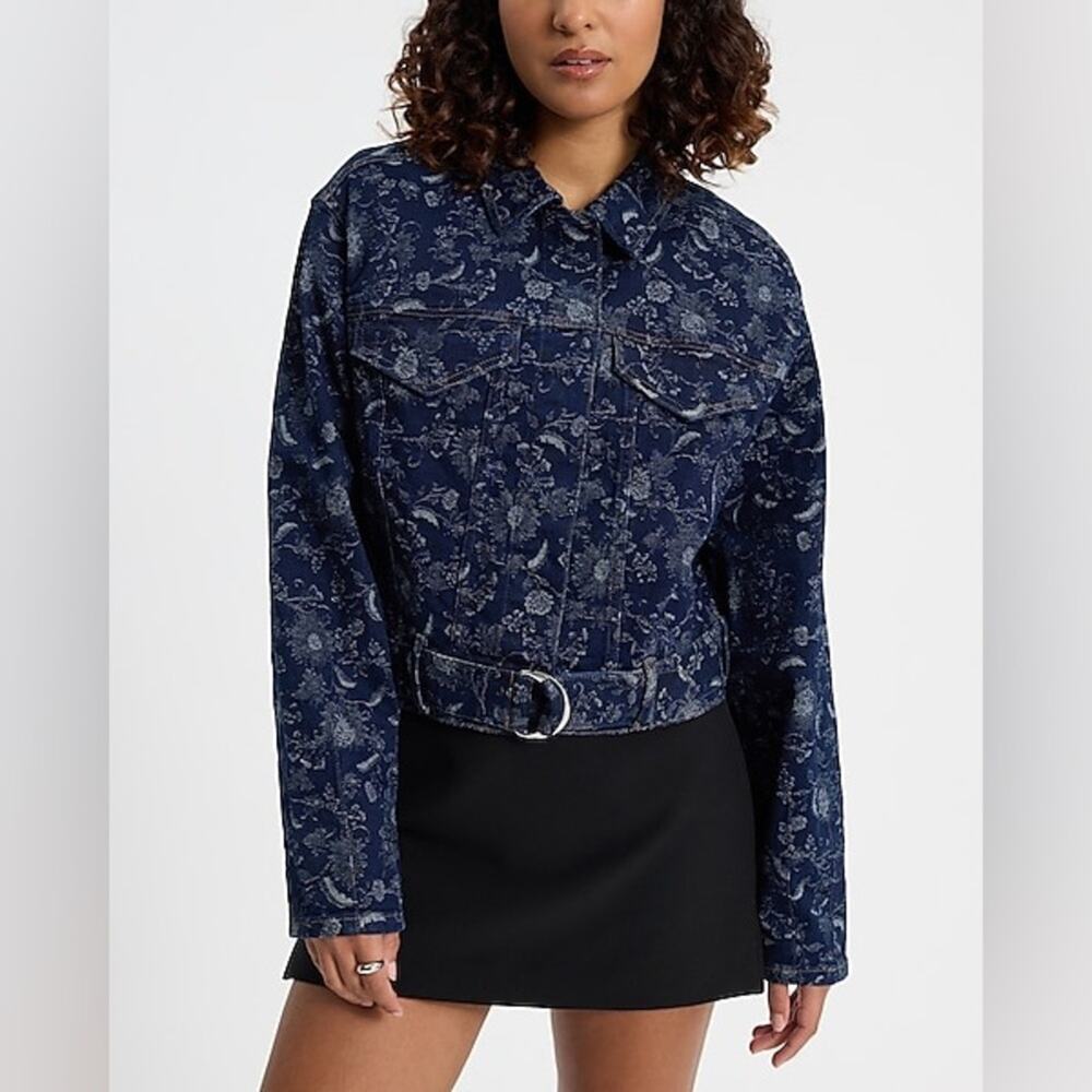Express Floral Denim Cropped Moto Jacket Sunflower size Large